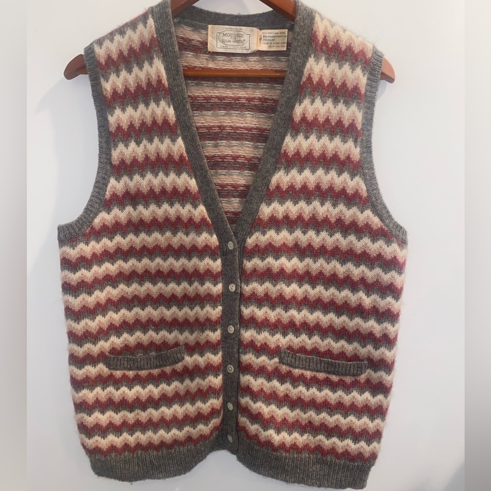 Vintage Chevron Wool Vest - Gray, Cream & Burgundy